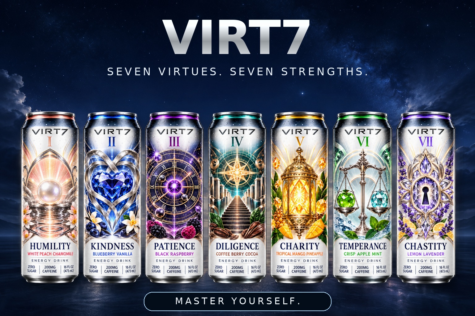 Seven VIRT7 energy drink cans: Humility, Kindness, Patience, Diligence, Charity, Temperance and Chastity